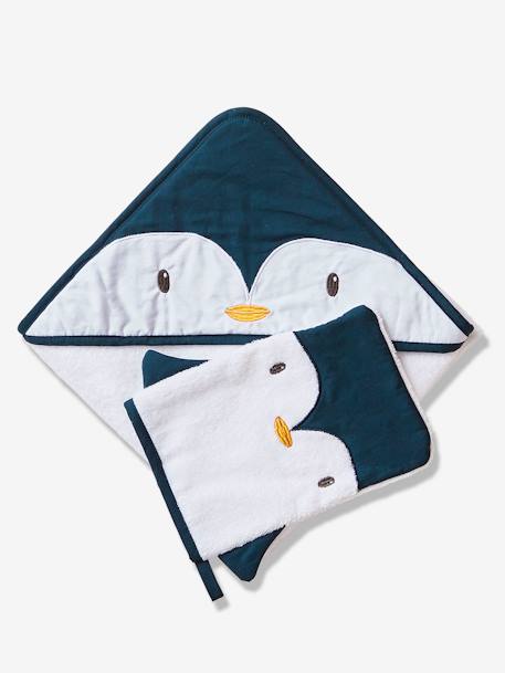 Baby Set aus Kapuzenbadetuch & Waschhandschuh PINGUIN Oeko Tex - weiß/blau - 3