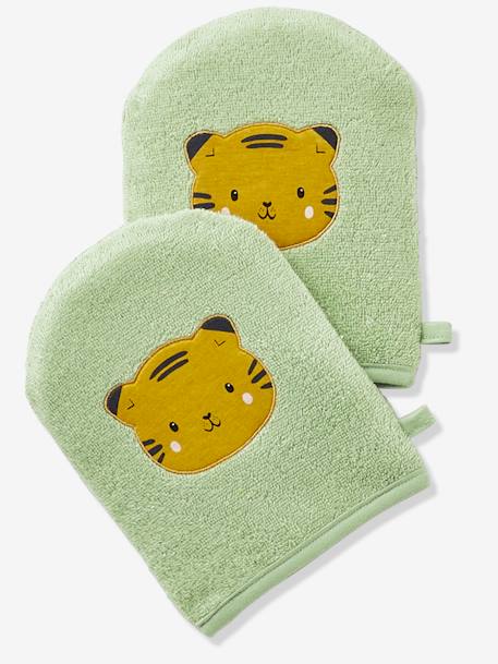 2er-Pack Baby Waschhandschuhe, Panda oder Tiger Oeko Tex - grün tiger+senfgelb - 1