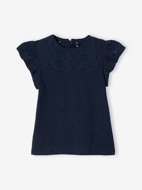 Mädchen T-Shirt mit Volantärmeln und Lochstickerei Oeko-Tex - dunkelrosa+fuchsia+hellgrün+marine+weiß - 12