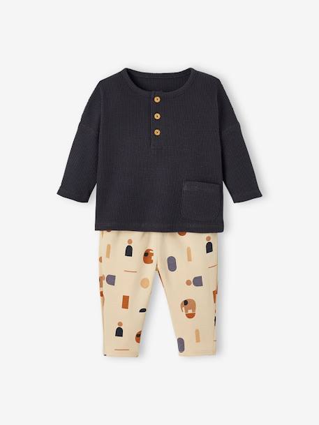 Baby-Set: Shirt & Sweathose Oeko-Tex - dunkelgrau/hellbeige bedruckt+khaki - 3