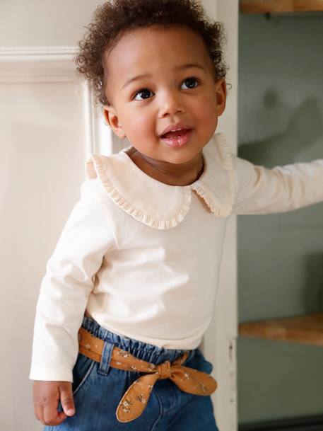 Mädchen Baby Shirt, Bubikragen mit Rüschen Oeko-Tex, personalisierbar - beige+hellbeige - 7