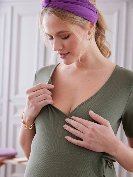 Geripptes Jerseykleid für Schwangerschaft & Stillzeit - olivgrün - 6