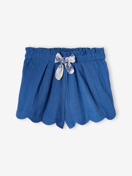 Mädchen Shorts mit Bogenkante, Musselin - blau+blau bedruckt+rosa nude - 1