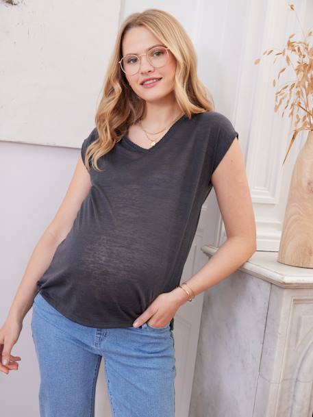 T-Shirt mit V-Ausschnitt für Schwangerschaft - anthrazit+safran - 2