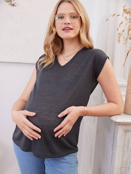 T-Shirt mit V-Ausschnitt für Schwangerschaft - anthrazit+safran - 1