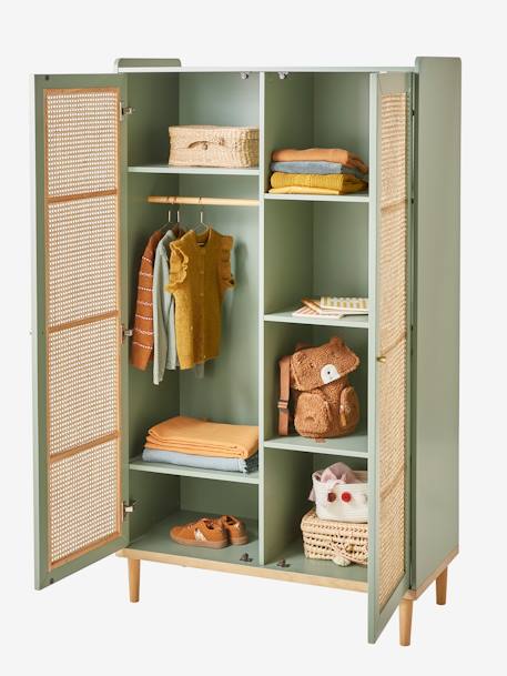 Kinderzimmer Kleiderschrank POESIE mit Rattan - grün/natur+rosa/natur - 2