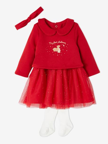 Weihnachtliches Baby-Set: Kleid, Haarband & Strumpfhose - rot - 2