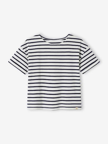Geringeltes Mädchen T-Shirt mit Recycling-Baumwolle, personalisierbar - dunkelblau+rosa gestreift - 1