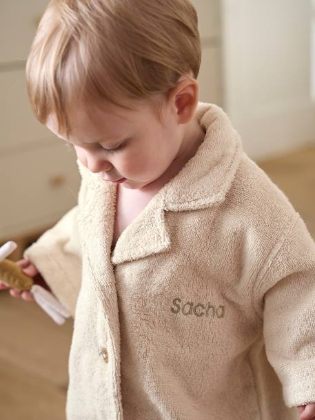 Baby Bademantel mit Recycling-Baumwolle, personalisierbar - beige+blau+ziegel - 2