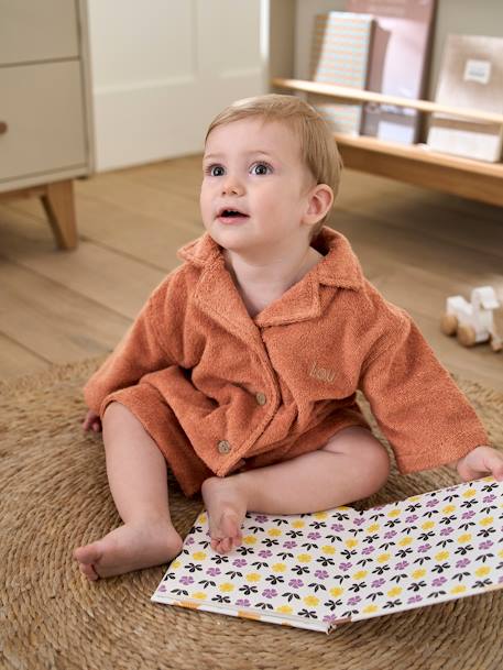 Baby Bademantel mit Recycling-Baumwolle, personalisierbar - beige+blau+ziegel - 8