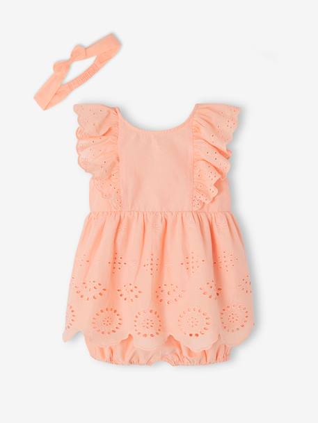 Festliches Mädchen Baby-Set: Kleid, Spielhose & Haarband - koralle+wollweiß - 1