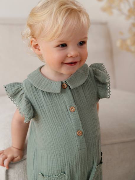 Mädchen Baby Overall, Schmetterlingsärmel mit Stickerei - salbeigrün+ziegel - 6