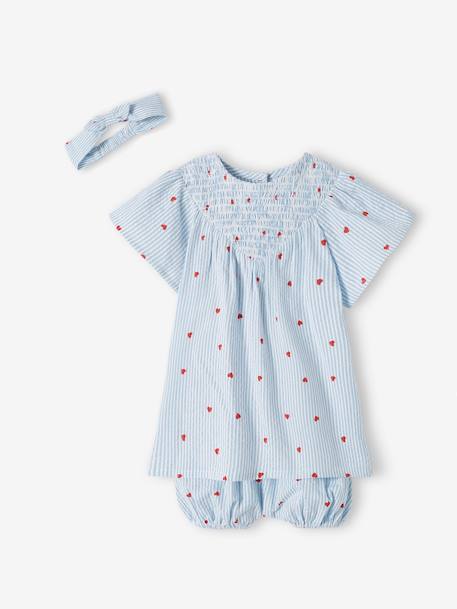 Baby-Set aus Seersucker: Kleid, Shorts & Haarband - blau gestreift - 3