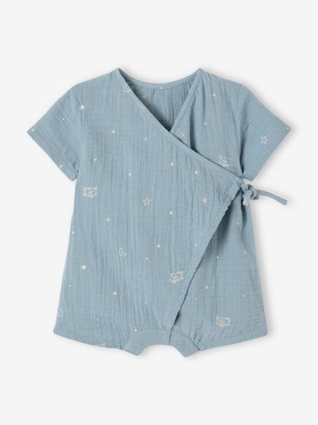 Kurzer Baby Schlafanzug, personalisierbar Oeko-Tex - graublau+wollweiß - 2