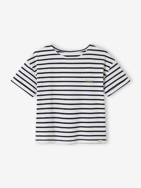 Geringeltes Mädchen T-Shirt mit Recycling-Baumwolle, personalisierbar - dunkelblau+rosa gestreift - 2