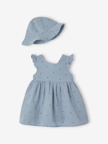 Baby-Set aus Musselin: Kleid & Sonnenhut - blau chambray - 1