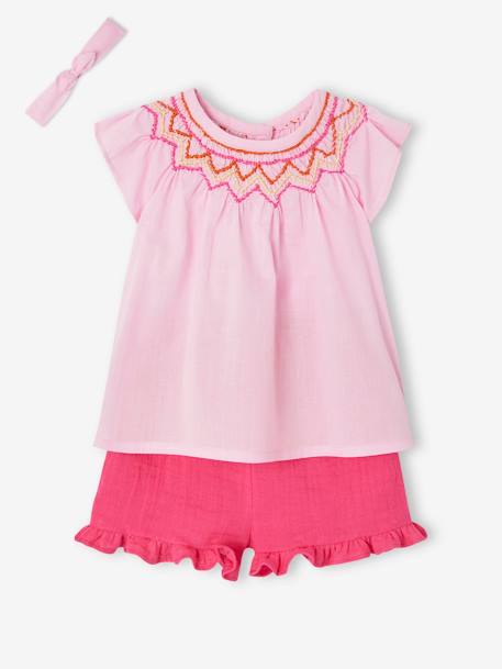 Mädchen Baby-Set: Bluse, Shorts & Haarband - rosa - 3